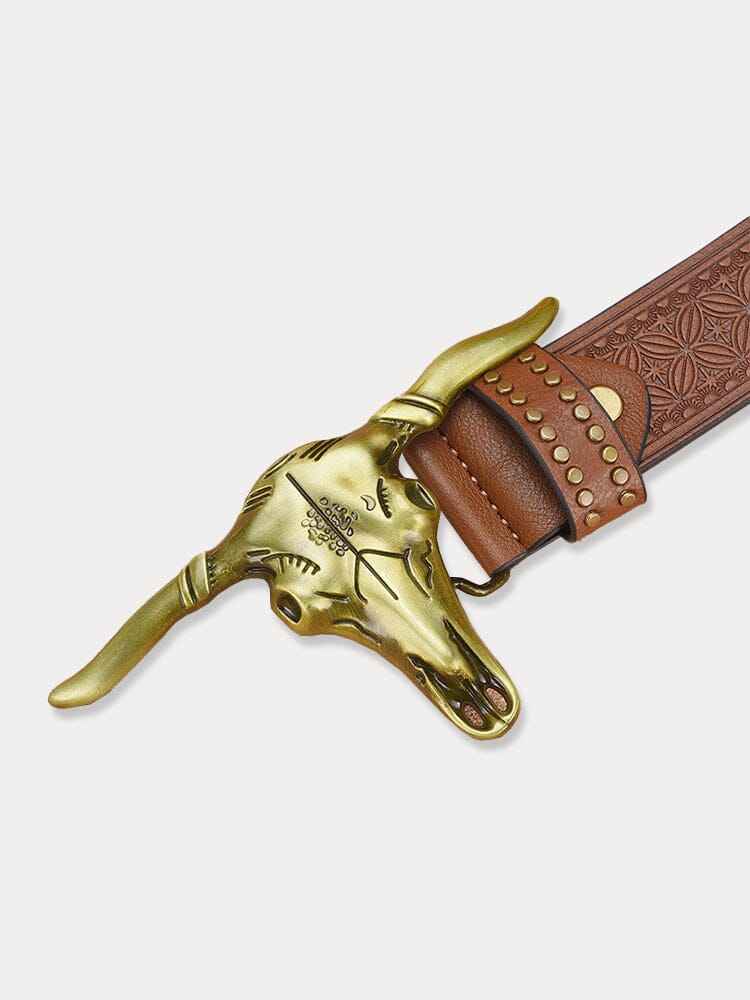 Men's Western Cowboy PU Belt with Bull Head Buckle