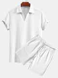 Men's Textured V-Neck Polo & Shorts Set