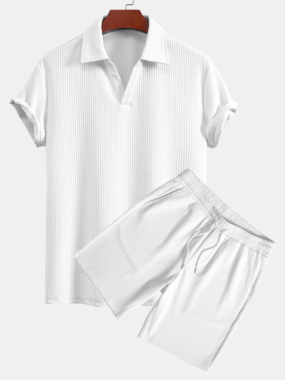 Men's Textured V-Neck Polo & Shorts Set
