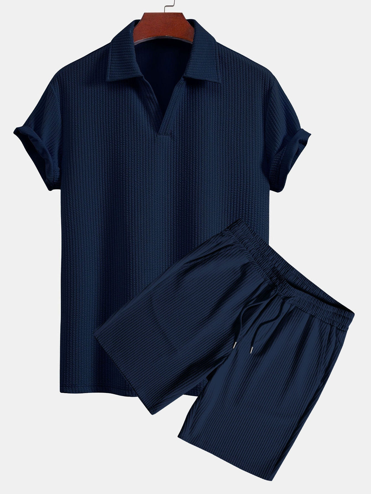 Men's Textured V-Neck Polo & Shorts Set