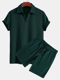 Men's Textured V-Neck Polo & Shorts Set