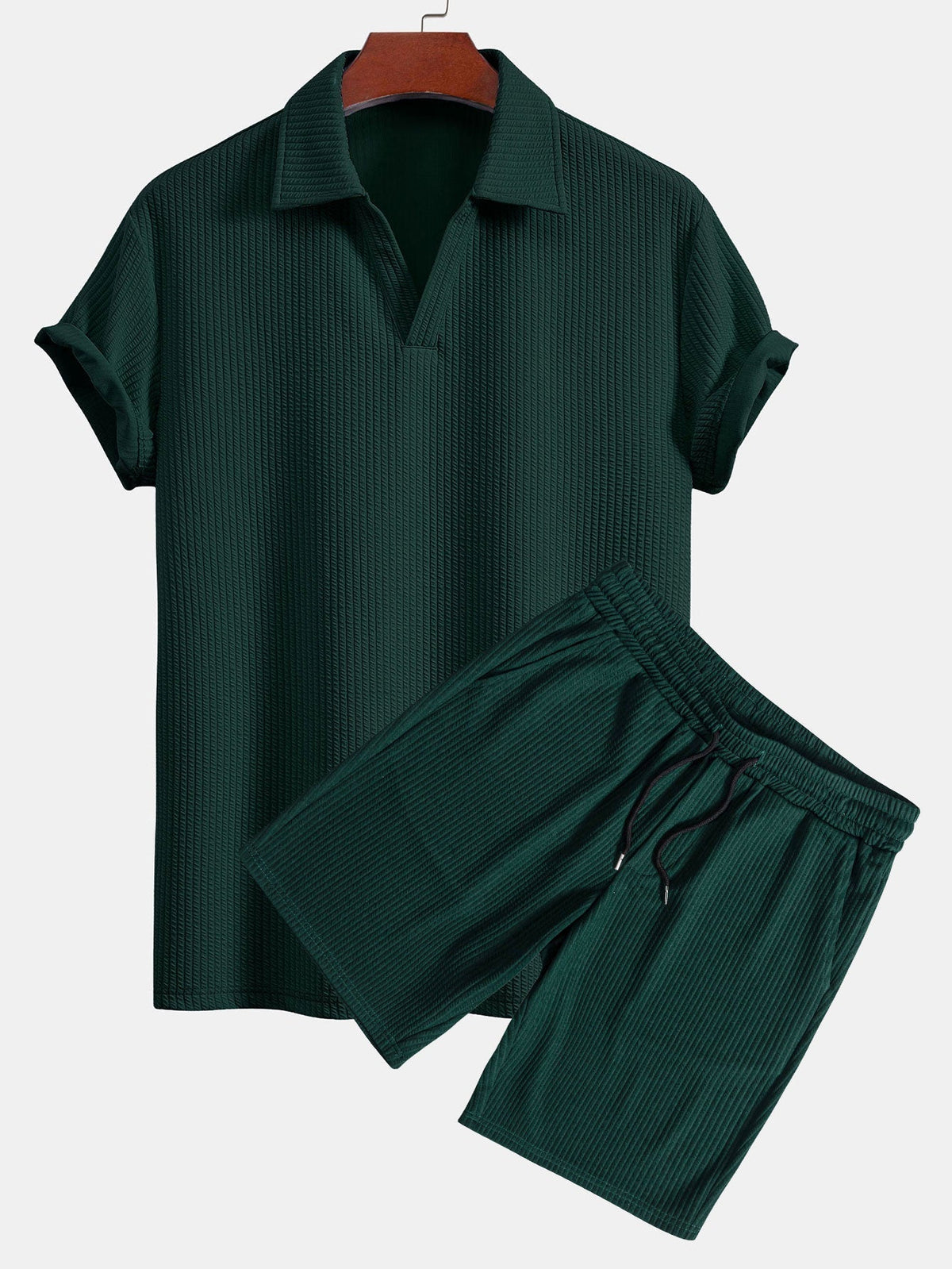 Men's Textured V-Neck Polo & Shorts Set
