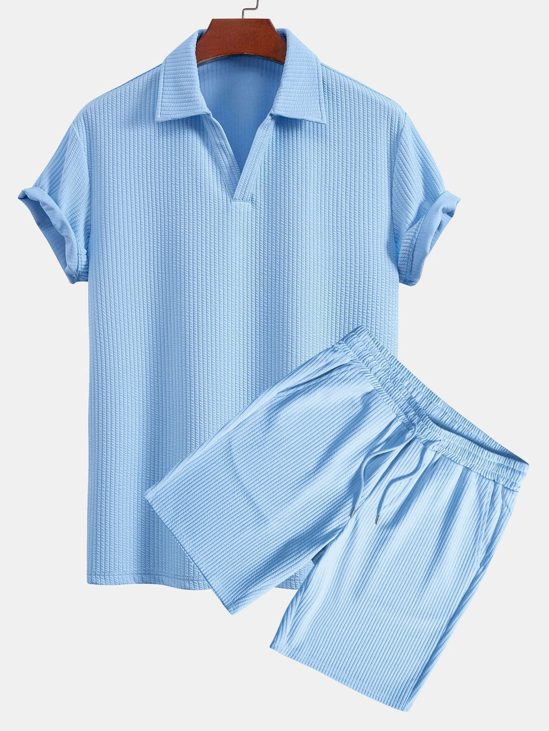 Men's Textured V-Neck Polo & Shorts Set