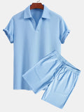 Men's Textured V-Neck Polo & Shorts Set