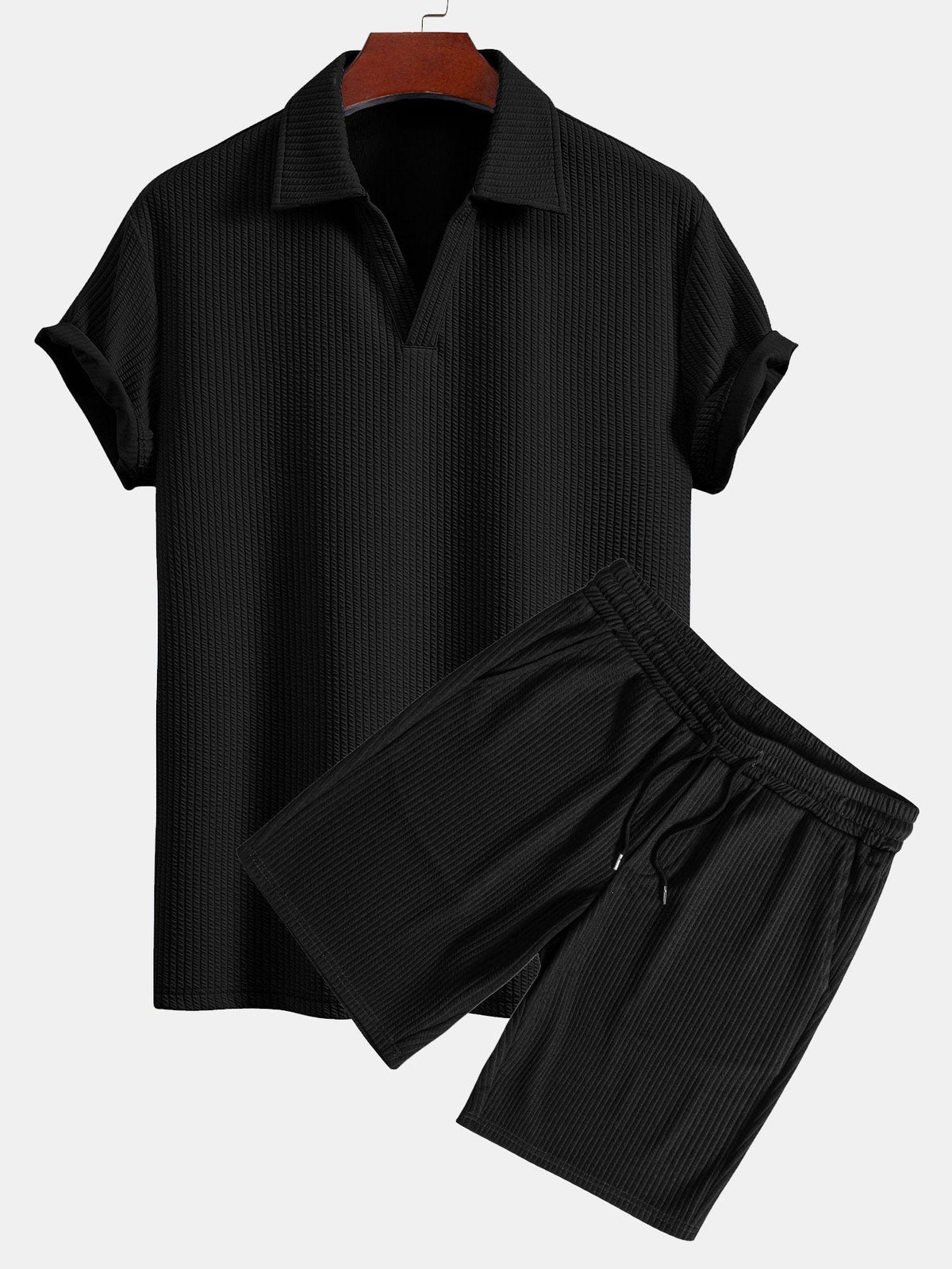 Men's Textured V-Neck Polo & Shorts Set