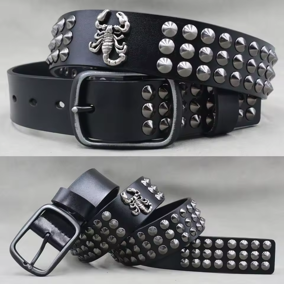 Men's Leather Rivet Belt with Skull & Animal Studs, 3.8 cm