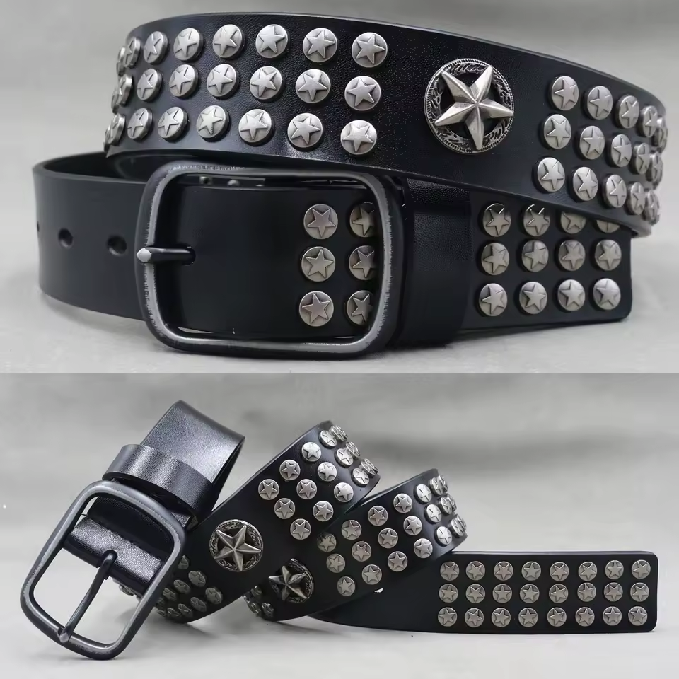 Men's Leather Rivet Belt with Skull & Animal Studs, 3.8 cm