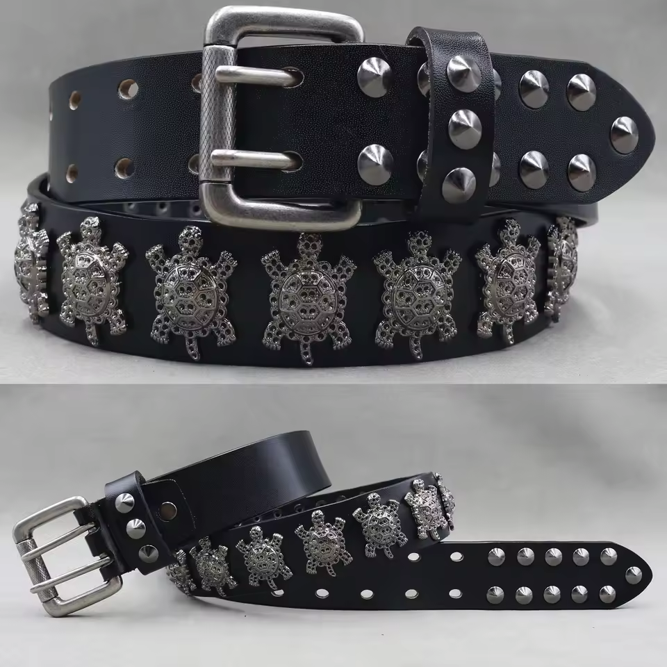 Men's Leather Rivet Belt with Skull & Animal Studs, 3.8 cm