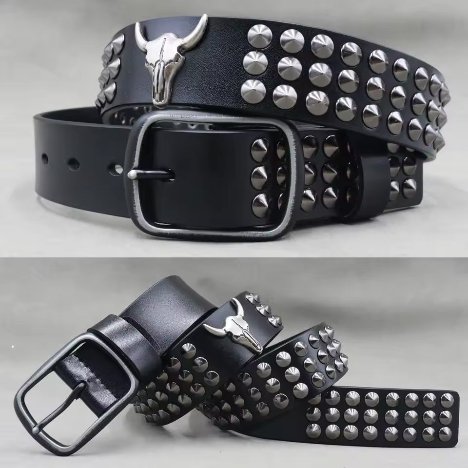 Men's Leather Rivet Belt with Skull & Animal Studs, 3.8 cm