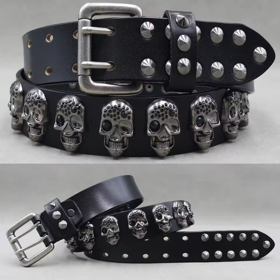 Men's Leather Rivet Belt with Skull & Animal Studs, 3.8 cm