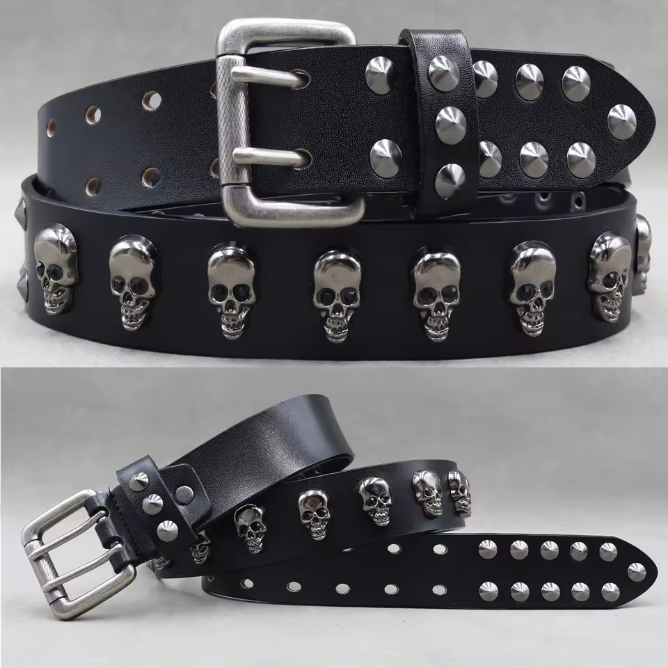 Men's Leather Rivet Belt with Skull & Animal Studs, 3.8 cm