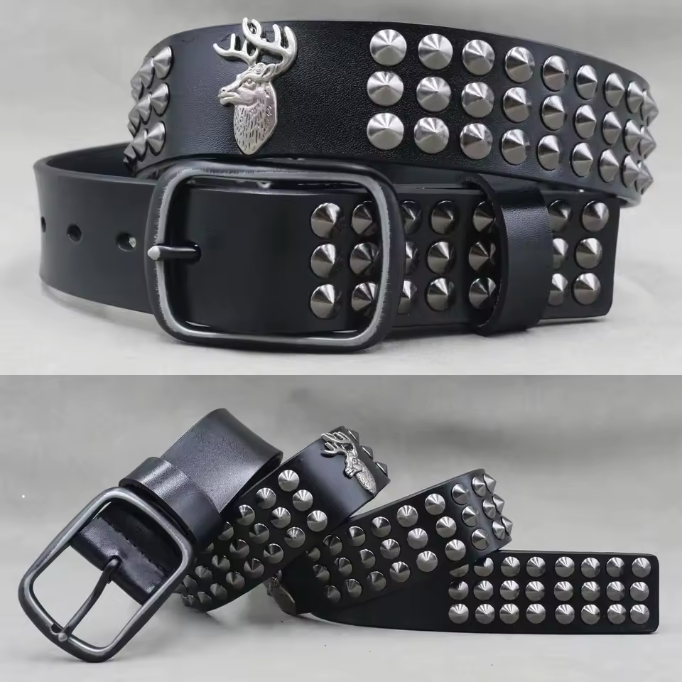 Men's Leather Rivet Belt with Skull & Animal Studs, 3.8 cm